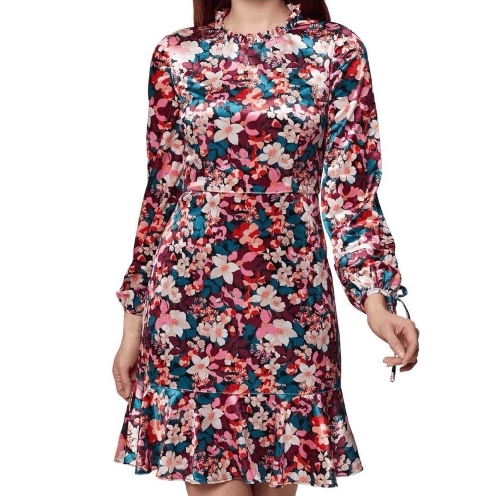 Bcbgeneration Velvet Floral Print Ruffle Trim Colorful Mini Dress size 12
